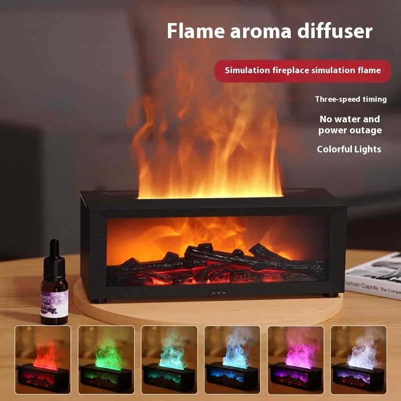 Square flame aromatherapy diffuser with 3D flame effect and seven colour LED mood lighting