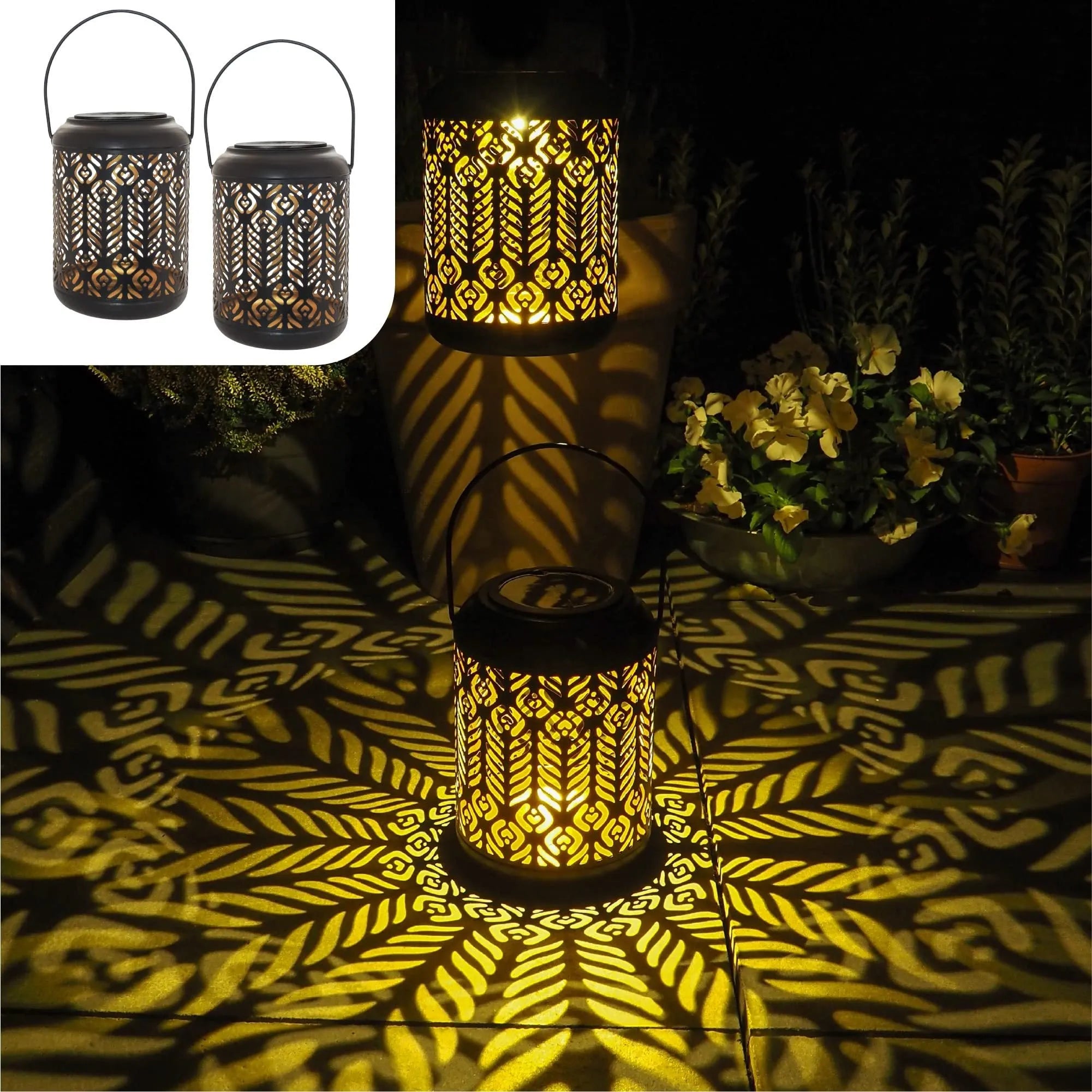Black iron circular solar lamp with small cylindrical wheat ear design on a garden path