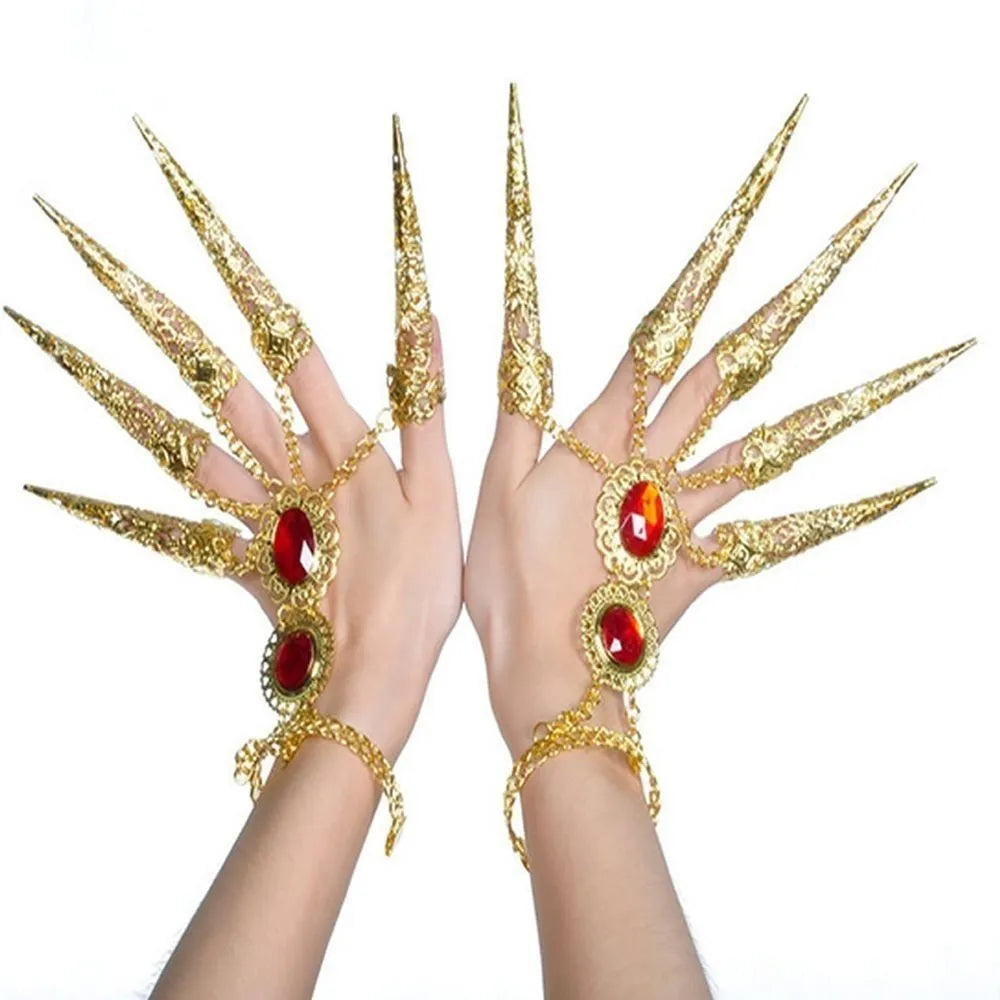 Set of 5 gold or silver electroplated alloy dance nail rings, 12cm length option, for Indian dance and costume use.