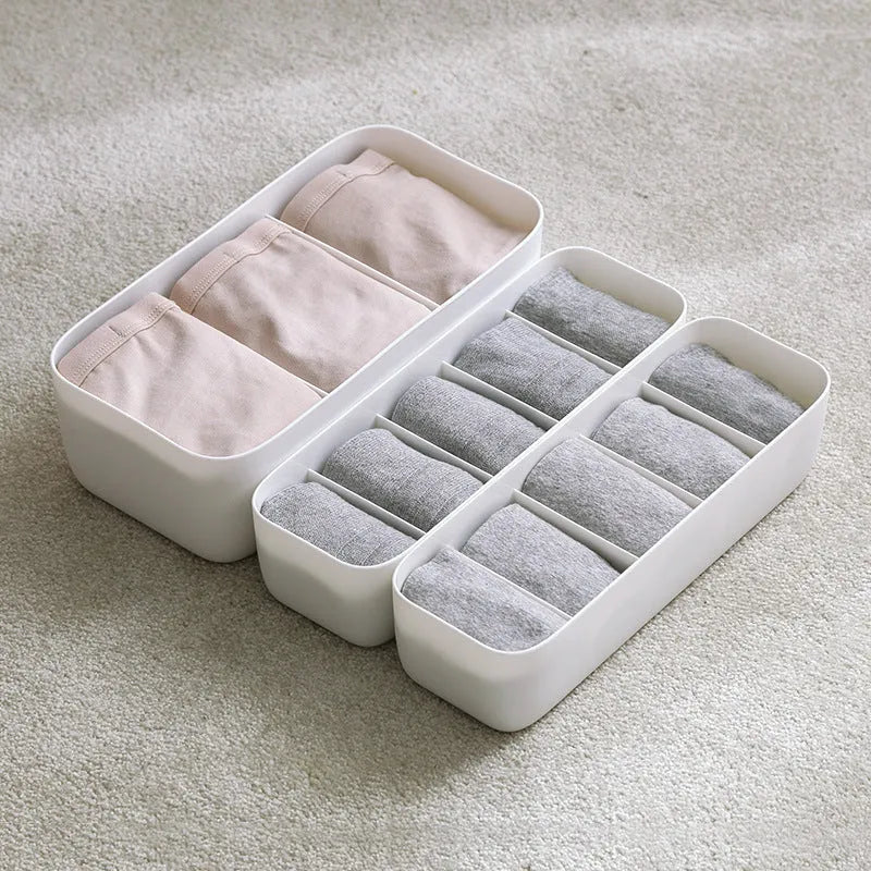 Plastic socks and underwear organiser with grid compartments in multiple colours for desktop or drawer storage