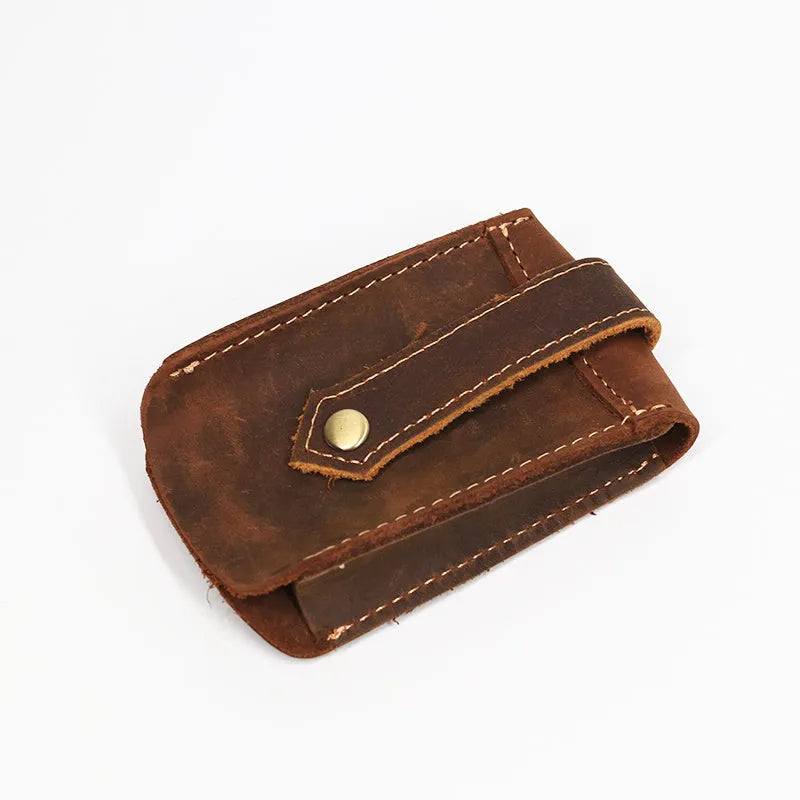 Crazy horse leather key case 7cm by 11.5cm in dark brown colour lying flat