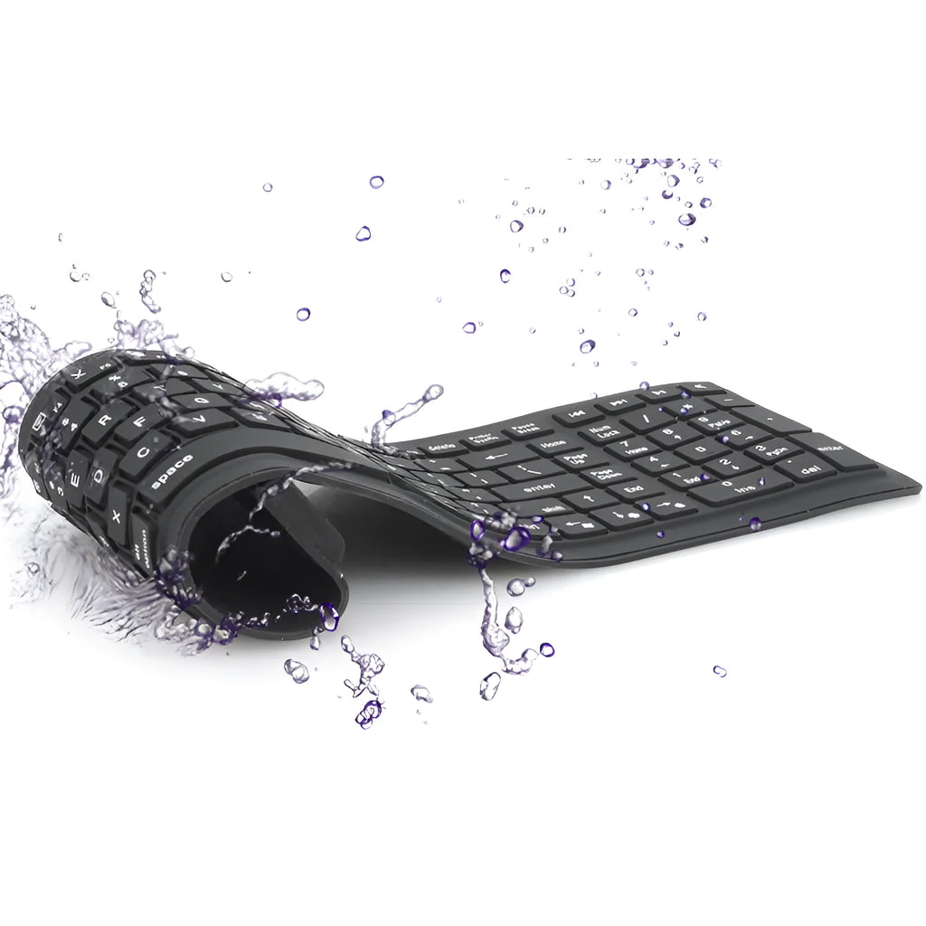 Black Bluetooth folding silicone keyboard with 108 keys and IP67 waterproof rating placed on a desk