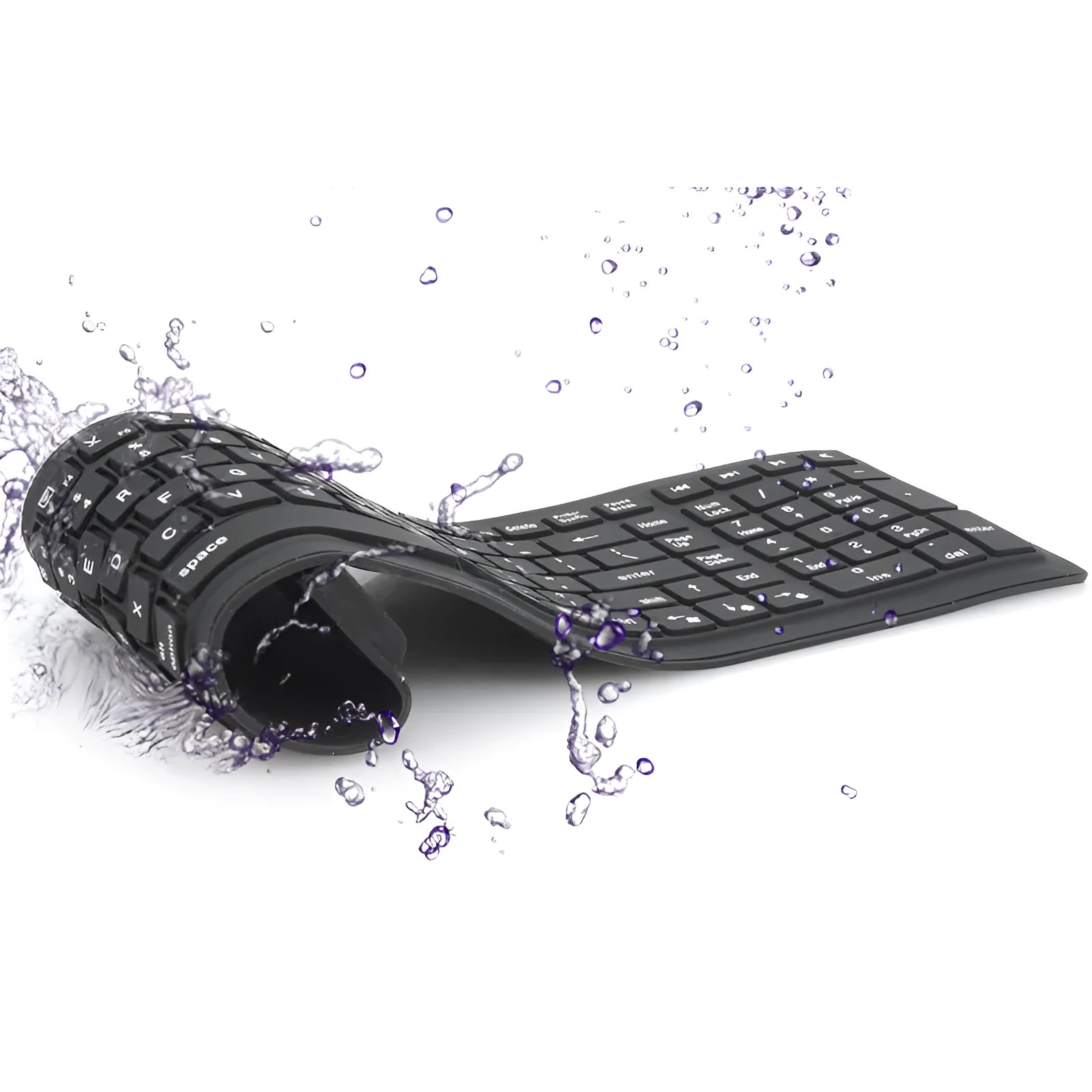 Black Bluetooth folding silicone keyboard with 108 keys and IP67 waterproof rating placed on a desk