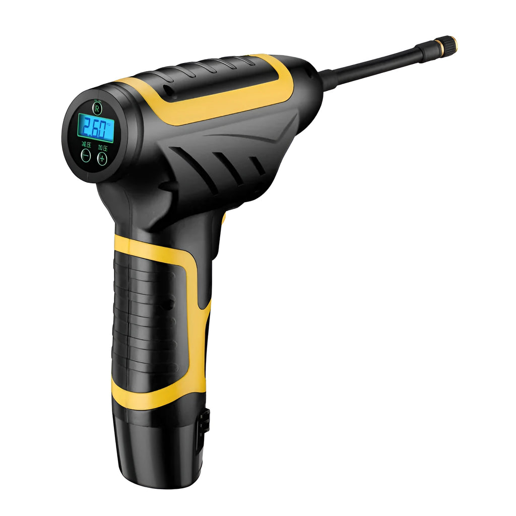 Wireless handheld air pump in black with LED light and pressure gauge, inflating a car tyre