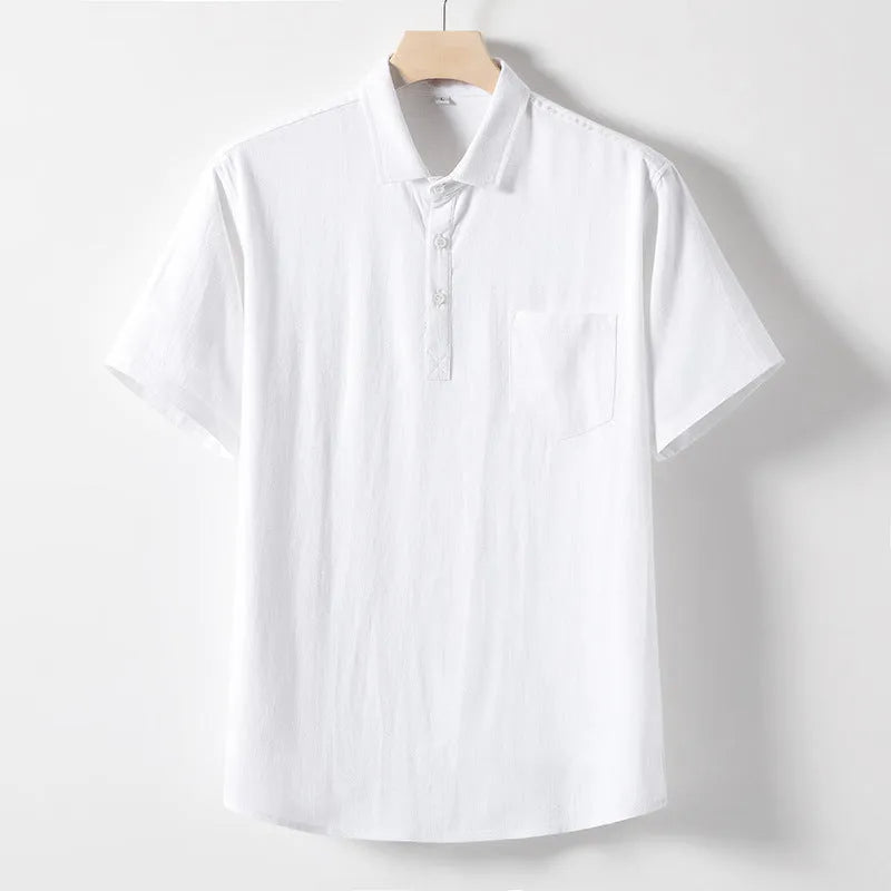 Men's loose fit linen blend t-shirt with lapel collar in optic linen colour.