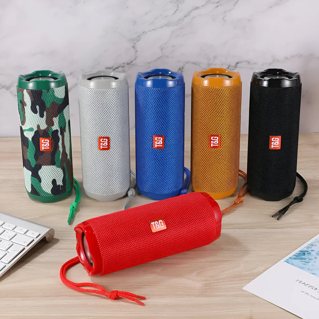 Blue portable Bluetooth speaker with integrated card holder, showing front and side views.