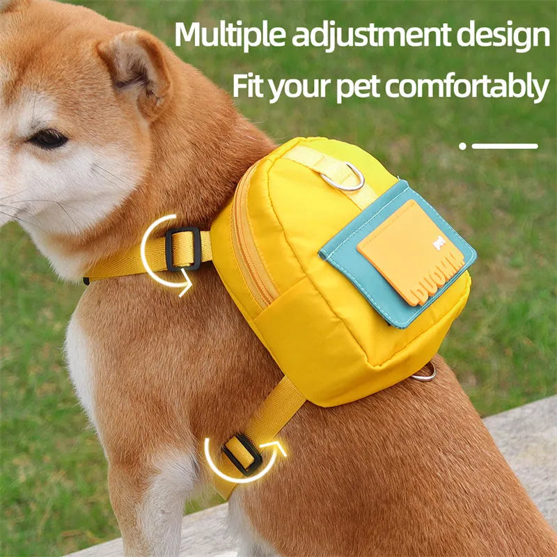 Blue polyester fibre dog backpack harness with snack storage compartments and adjustable straps