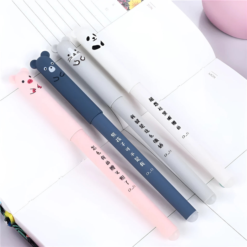 0.5mm erasable pen set with needle tip, refills and caps in black, blue and red colours