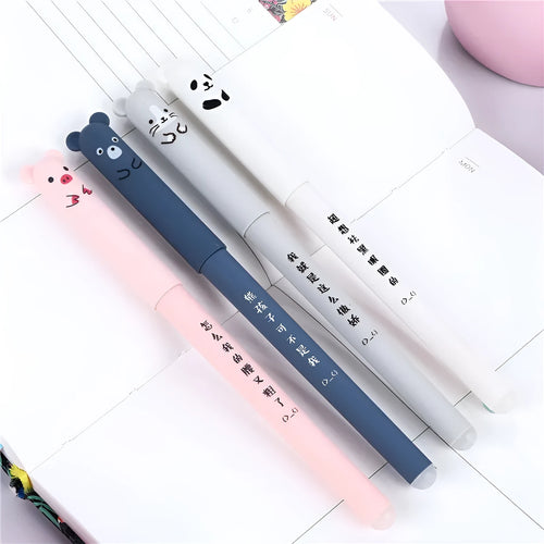 0.5mm erasable pen set with needle tip, refills and caps in black, blue and red colours