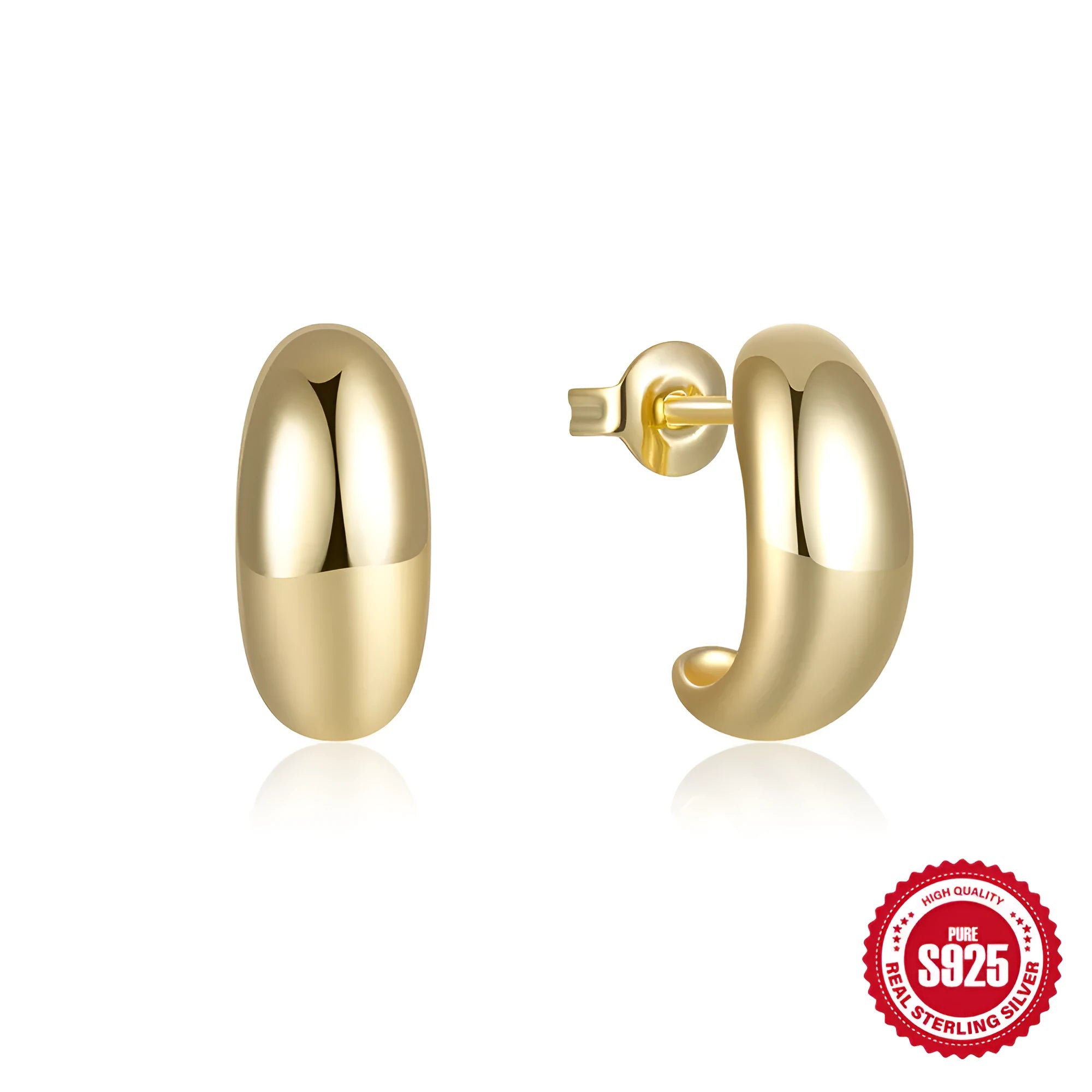 S925 sterling silver C-shaped ringstud earrings with a glossy gold electroplated finish.