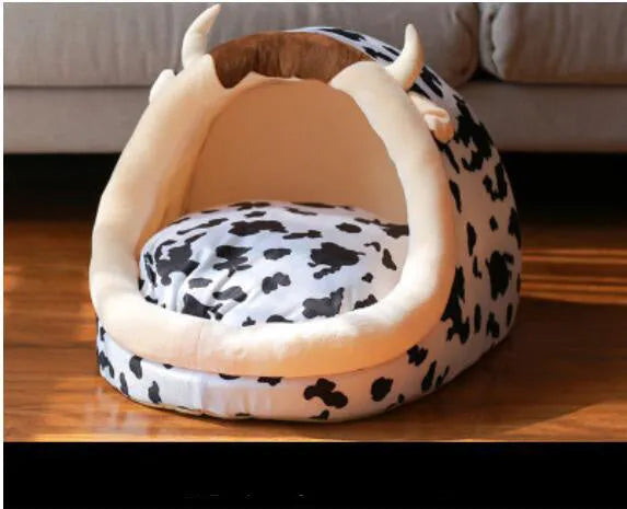 Cow colour suede S size cat house for indoor use, accommodating multiple cats