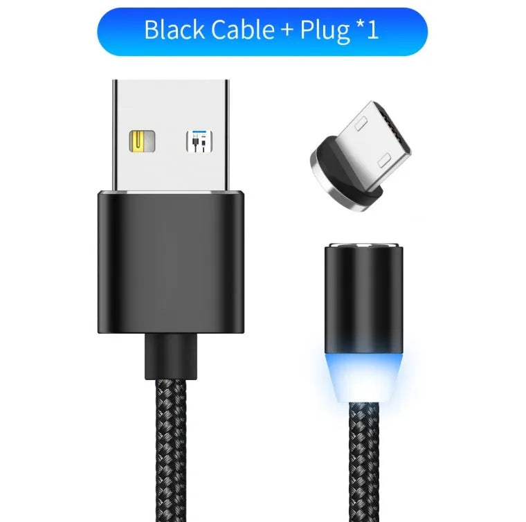 1 metre magnetic LED charging cable with cotton woven cord and three-in-one connector in aluminium shell