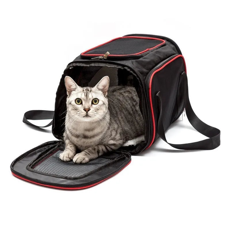 Pet trolley bag mesh carrier in black for small dogs and cats up to 7.5 kg, side view with wheels and handle