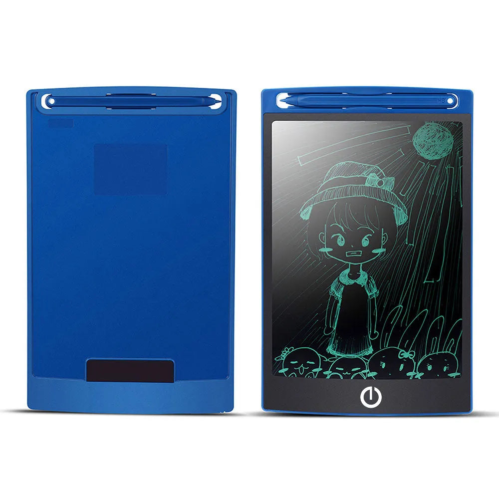 LCD writing tablet with blue green bold font, black frame, pen writing on screen, 150x122mm