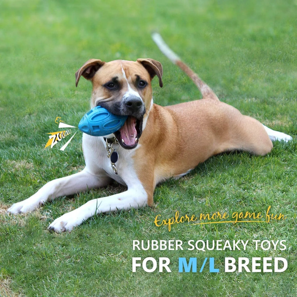 Natural latex rubber sounding rugby dog toy in sky blue with squeaker for fetch