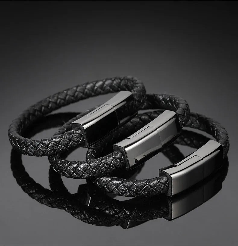 Brown double line bracelet-style charging cable with Mini USB to Micro USB connector.