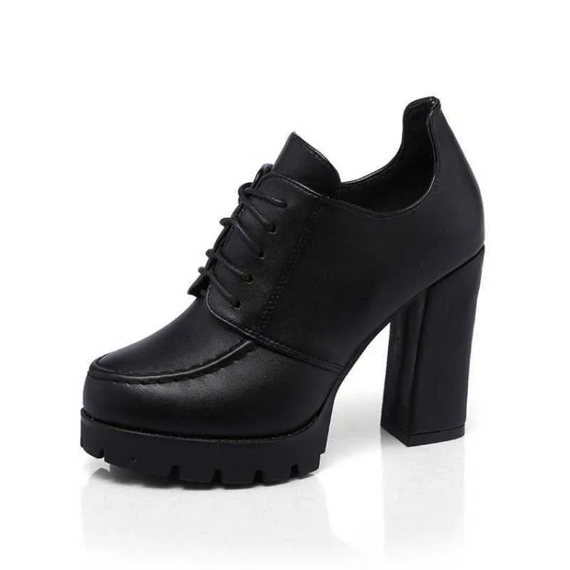 Women's black platform boots with thick heel, PU upper, lace-up front, and round toe