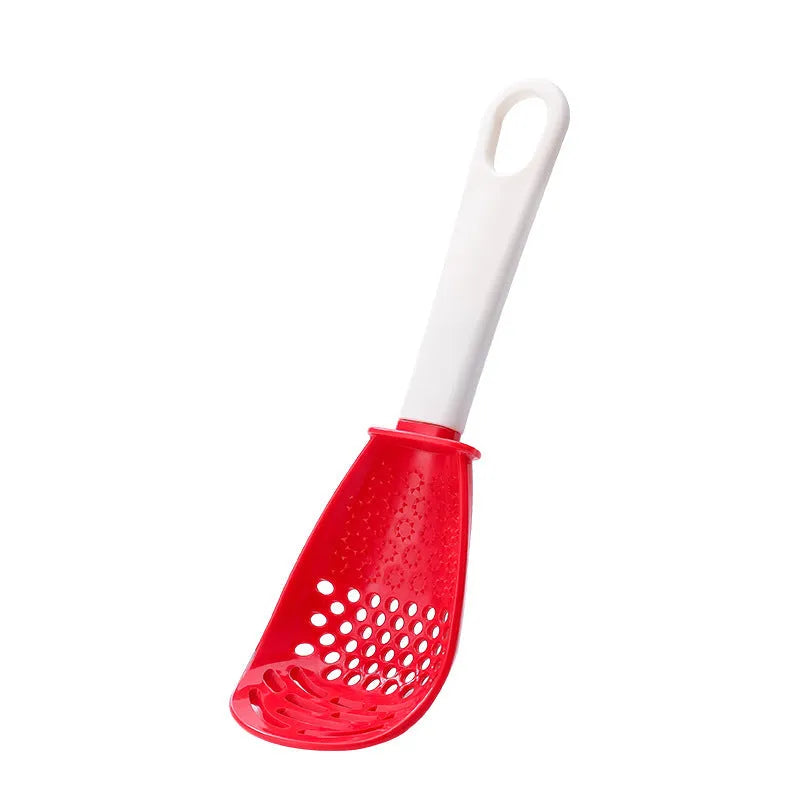 Red plastic multifunctional slotted spoon with half-enclosed head and convex serrations for cooking tasks