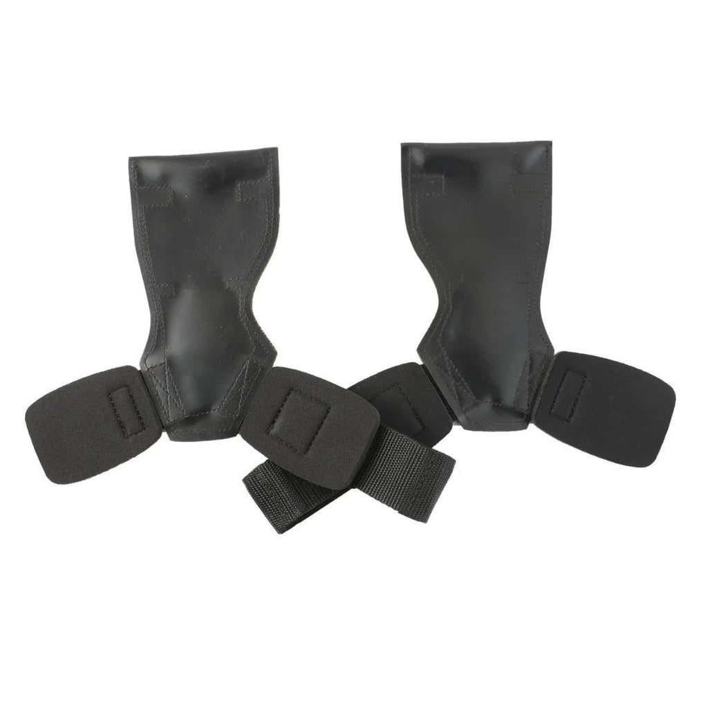 Black rubber palm protection band for weightlifting and rock climbing grip.