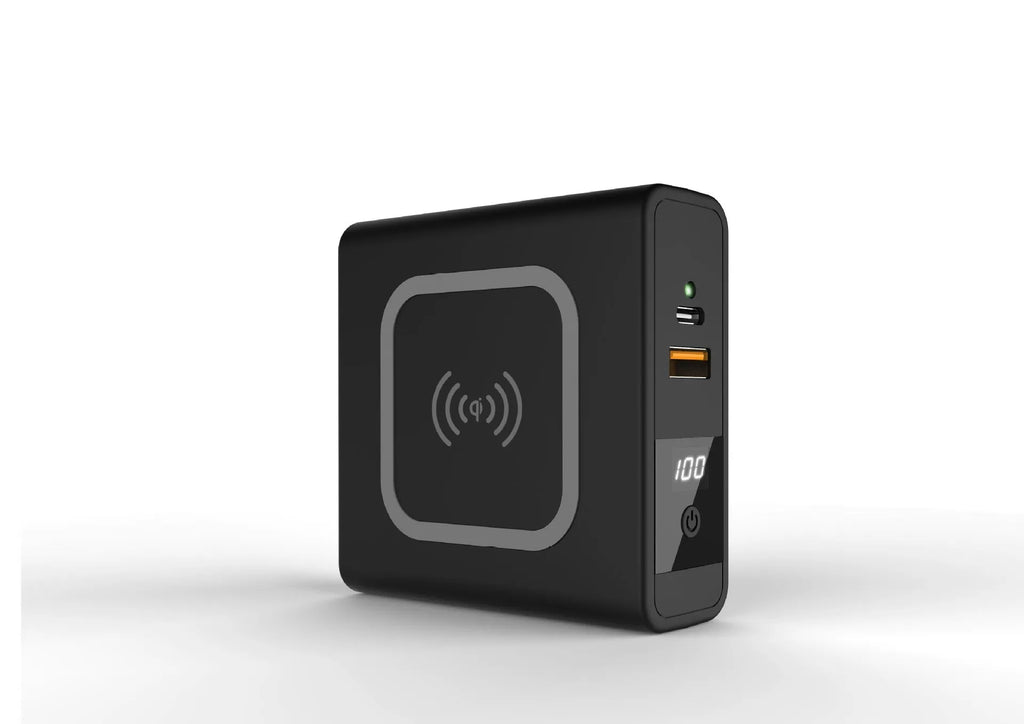 Black and white Super QI wireless power bank with fold-out international plug pins and USB-C port.