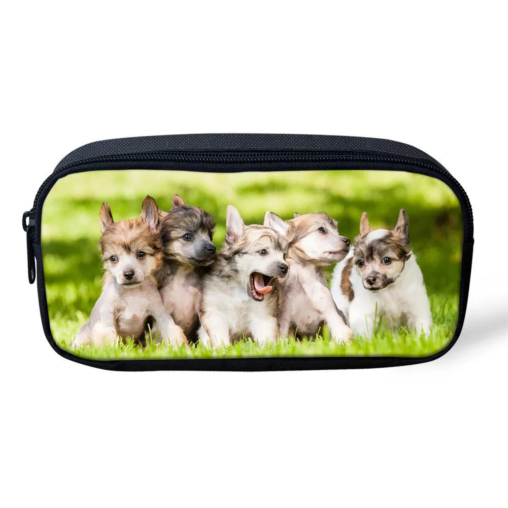 Customised pattern polyester pencil case with large opening and zipper, dimensions 10 by 21 by 4 cm