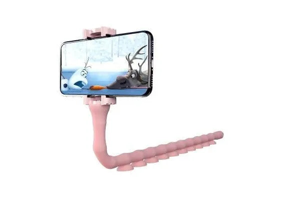 Black flexible rubber phone holder with suction cup bent into shape showing 62cm length