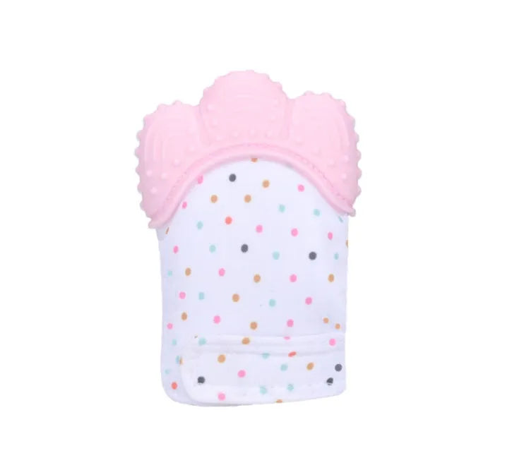 Baby silicone teething glove with Velcro strap in a smiley face yellow design.