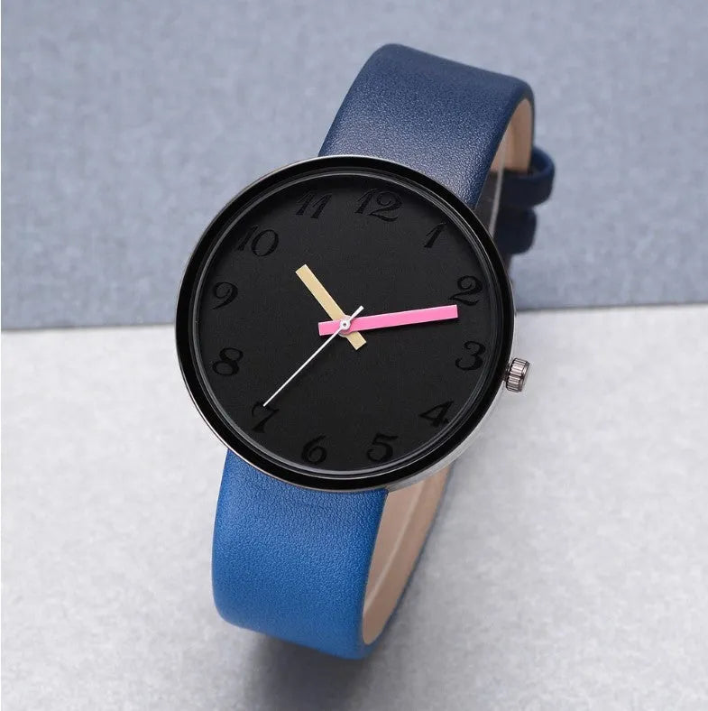 Women's grey contrast PU strap quartz watch with 40mm alloy case, pin buckle, and ordinary glass mirror