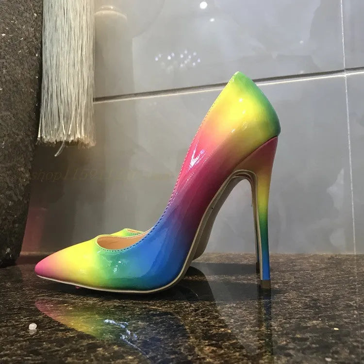 Rainbow multicolour patent leather women's high-heel shoes with pointed toe and stiletto heel.