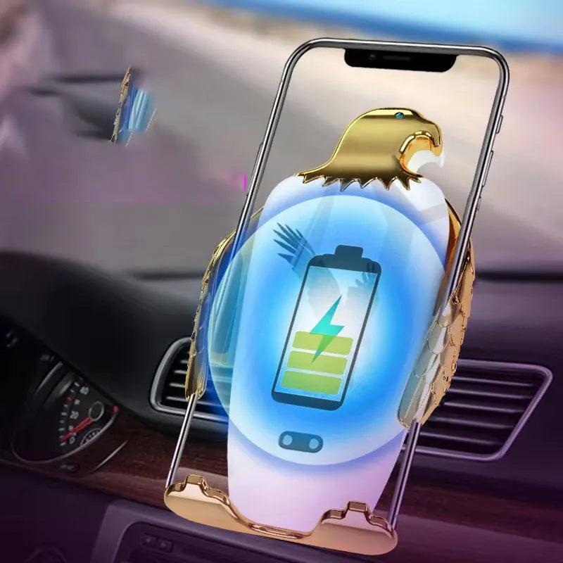 Car phone holder with wireless charging base and black and gold snap-on vent mount.