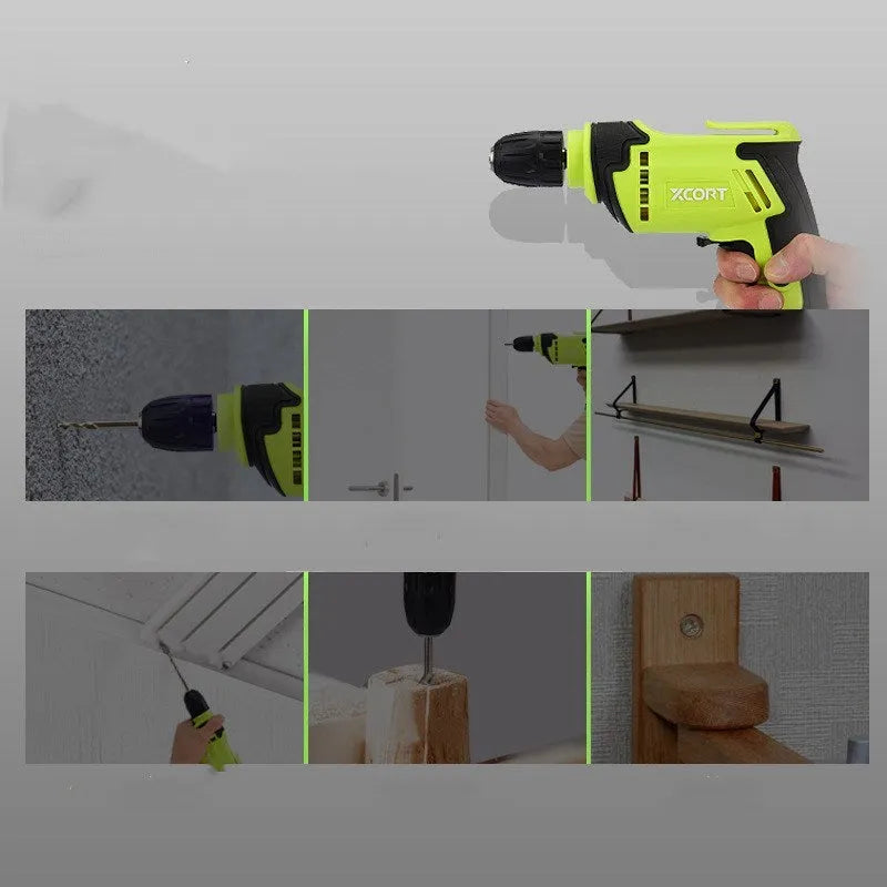Pistol grip electric drill with a 10mm chuck on a workbench.