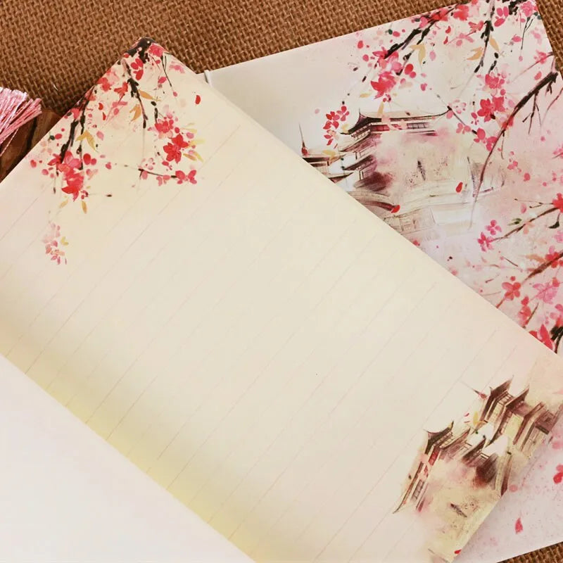 Chinese style thread-bound notebook with watercolour retro Azalea cover, showing open pages.