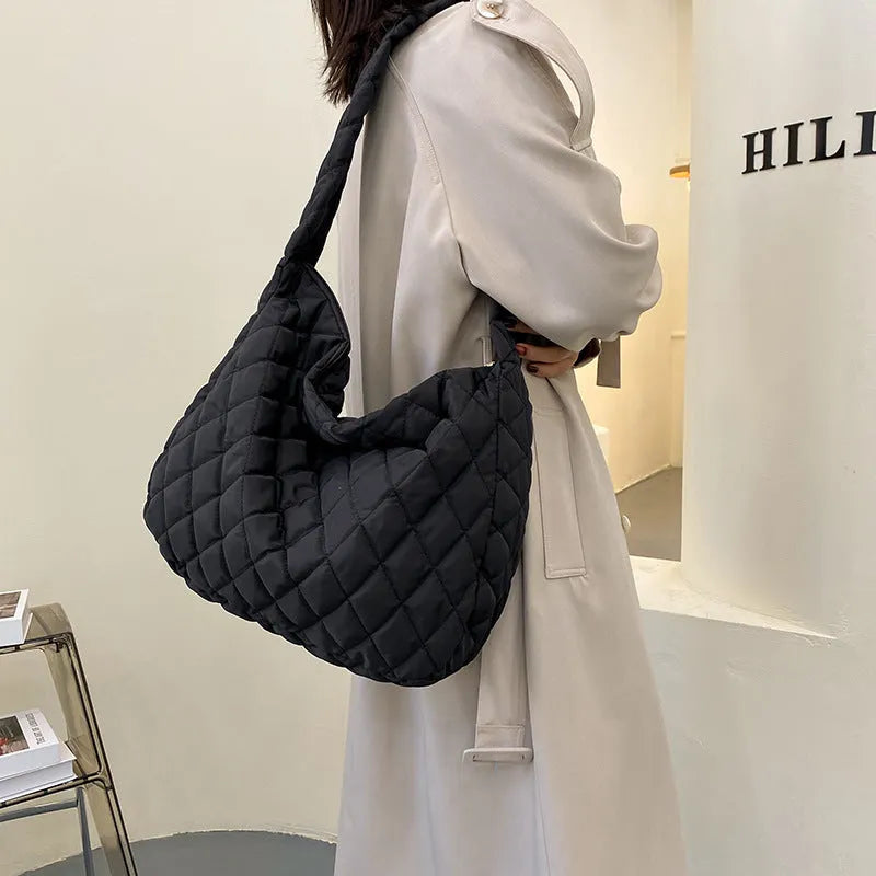 Women's large nylon tote shoulder bag with zip, soft handle, 60cm strap, in white or black