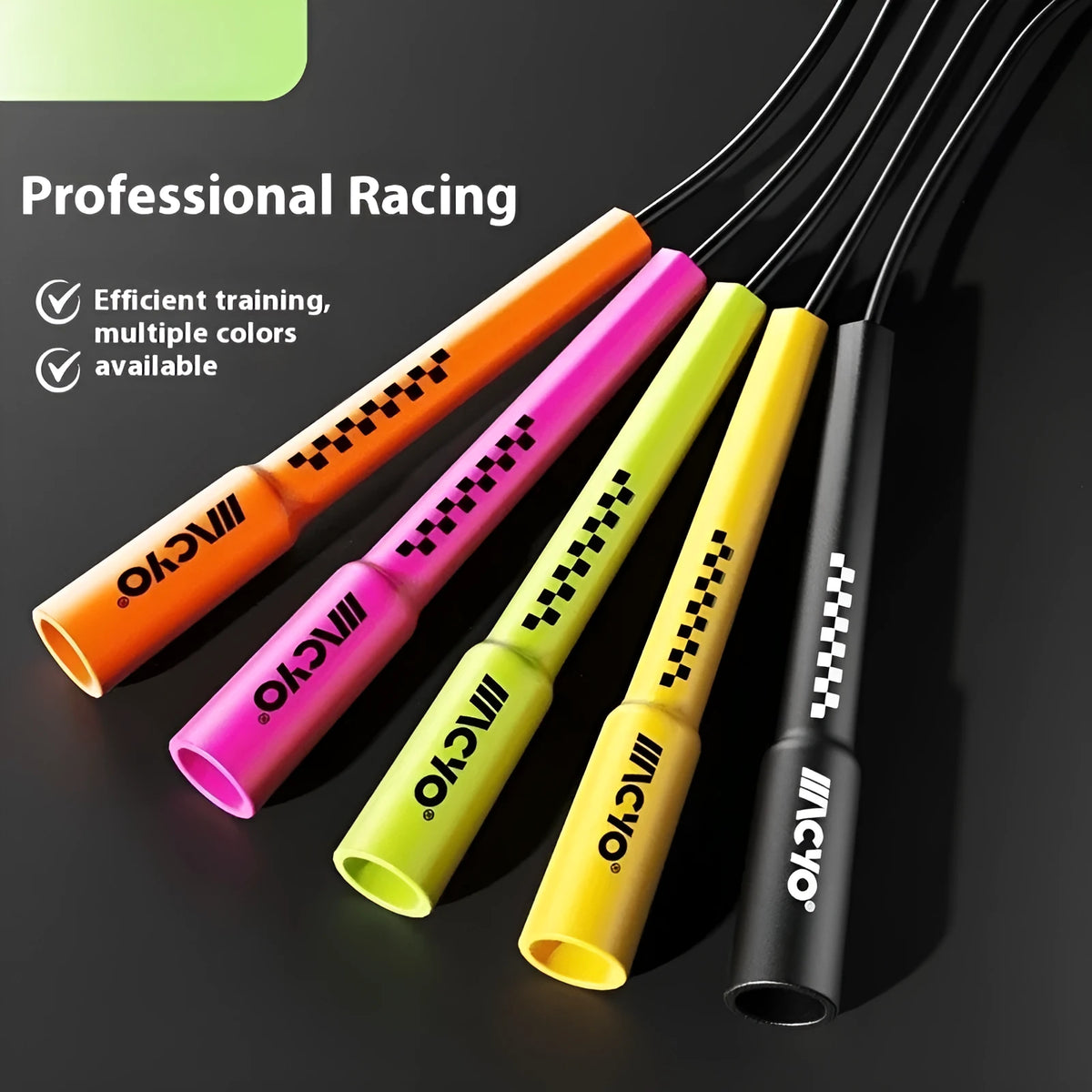 Colourful PVC fitness skipping rope for physical exercise on a plain background