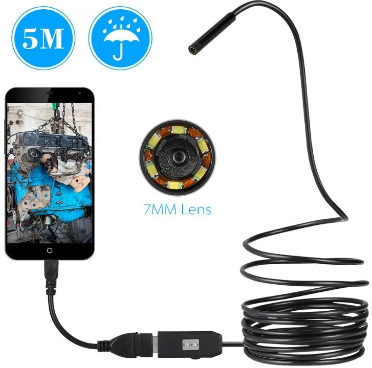 OWSOO 7mm USB endoscope camera with 5m cable, hook, magnet, and side audition tools