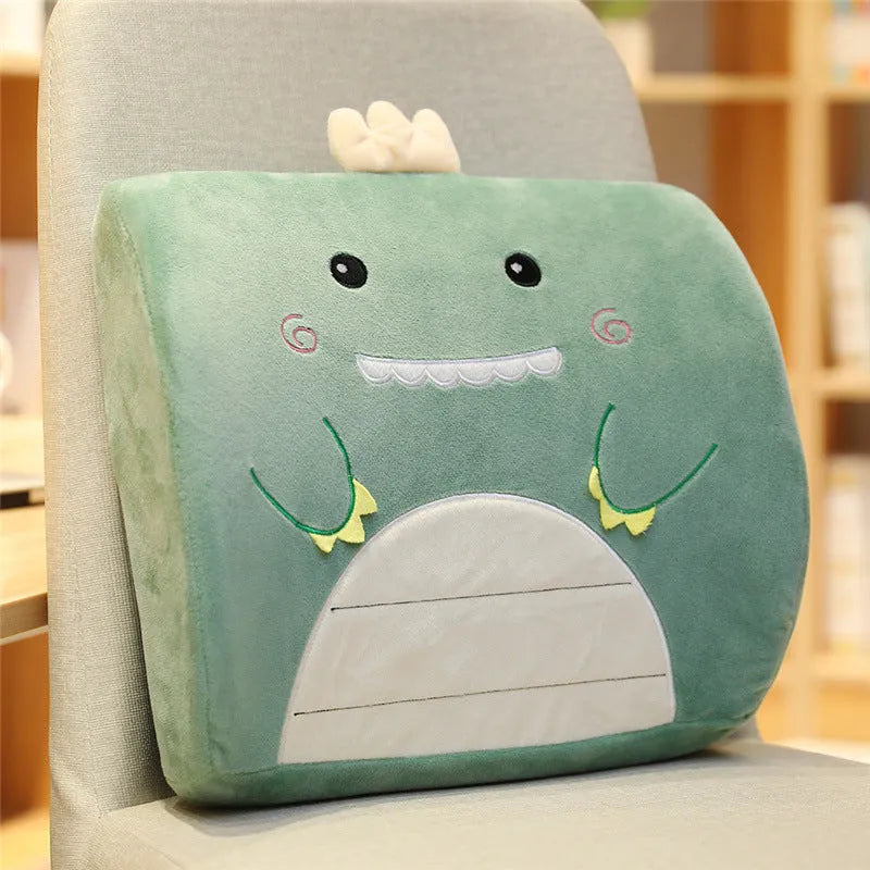 Cartoon memory foam lumbar support cushion with removable grey cat design cover on office chair