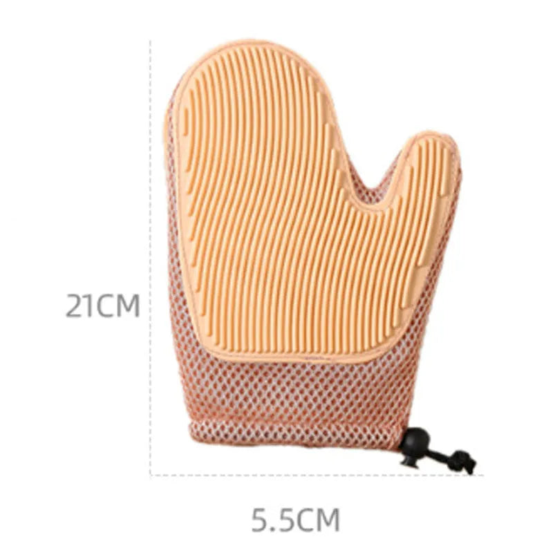 Mesh and TPR pet grooming glove for cats and dogs on a hand, showing textured surface.