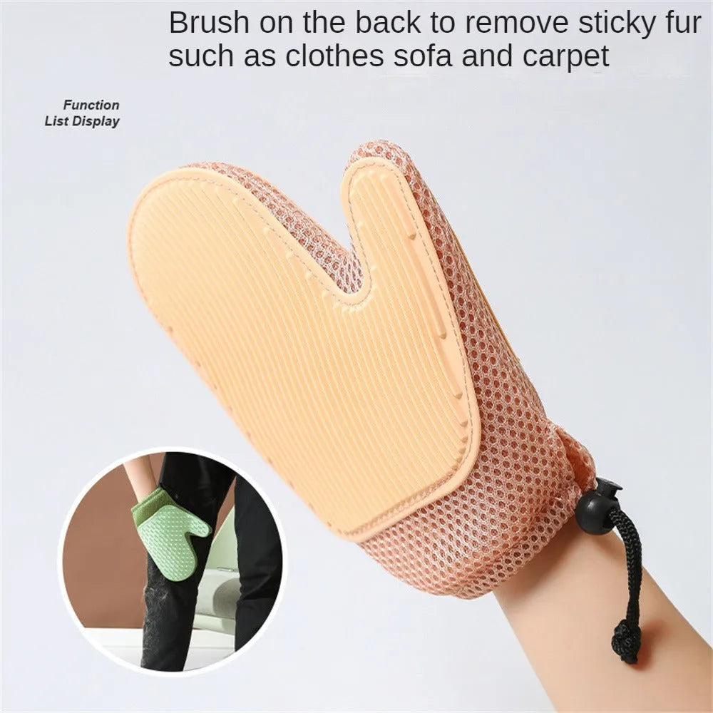 Mesh and TPR pet grooming glove for cats and dogs on a hand, showing textured surface.