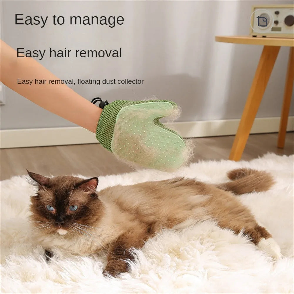 Mesh and TPR pet grooming glove for cats and dogs on a hand, showing textured surface.