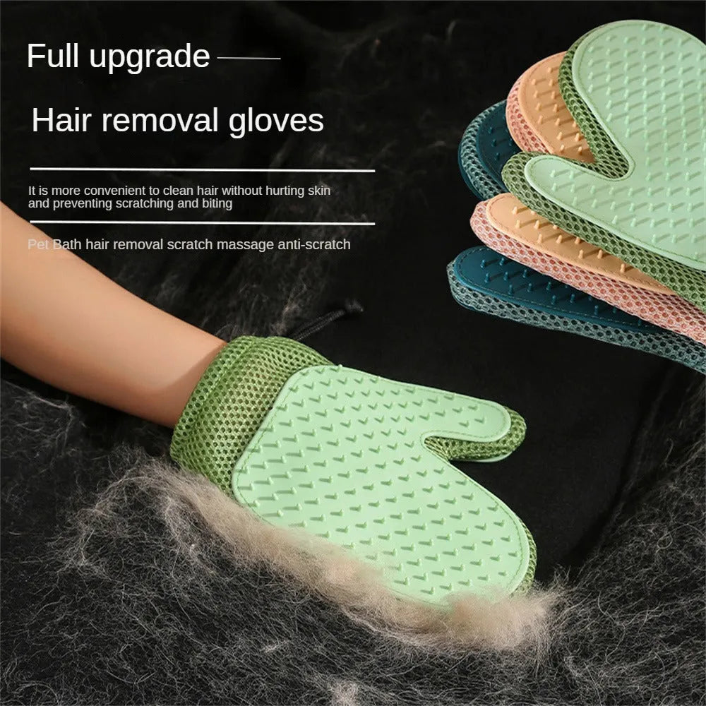 Mesh and TPR pet grooming glove for cats and dogs on a hand, showing textured surface.