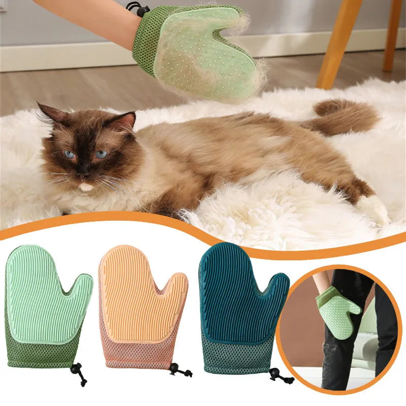 Mesh and TPR pet grooming glove for cats and dogs on a hand, showing textured surface.