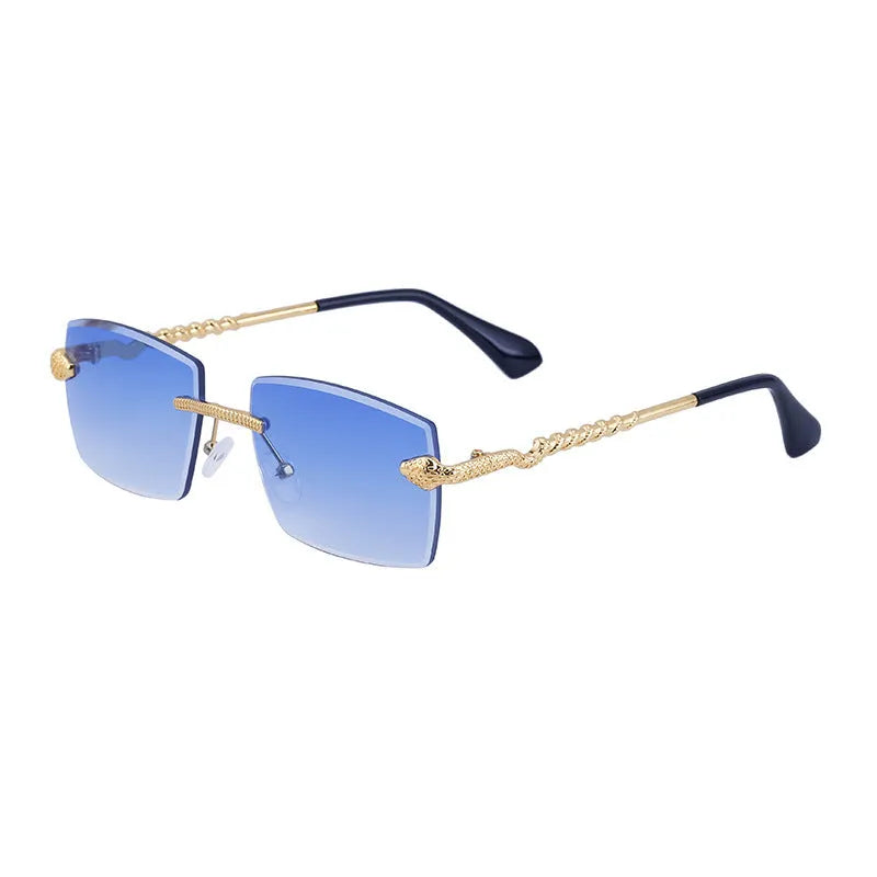 Men's rimless sunglasses with golden tea wood grain bag frame and PC lenses