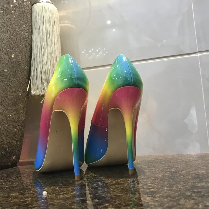 Rainbow multicolour patent leather women's high-heel shoes with pointed toe and stiletto heel.