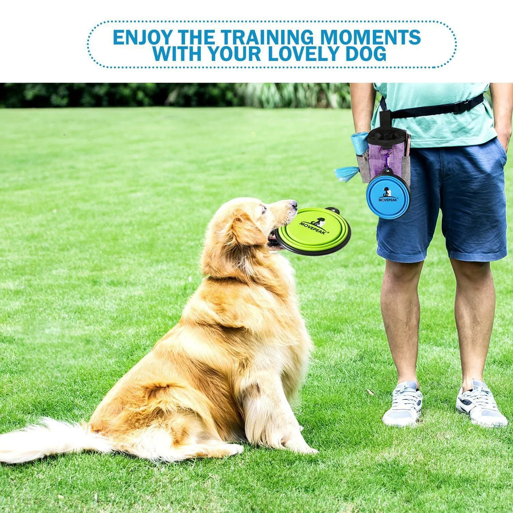 Purple dog training treat pouch with belt clip and waterproof Oxford fabric, 16.5x14x8cm.