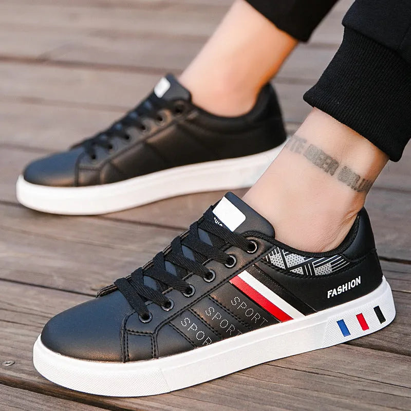 Men's black, grey, and white sports shoes shown with a European size and foot length measurement chart.
