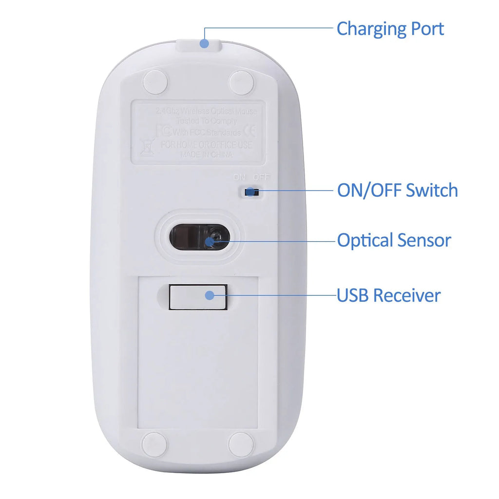 White wireless optical mouse with 2.4G connectivity, 4 keys, and rechargeable 450mAh battery on a desk