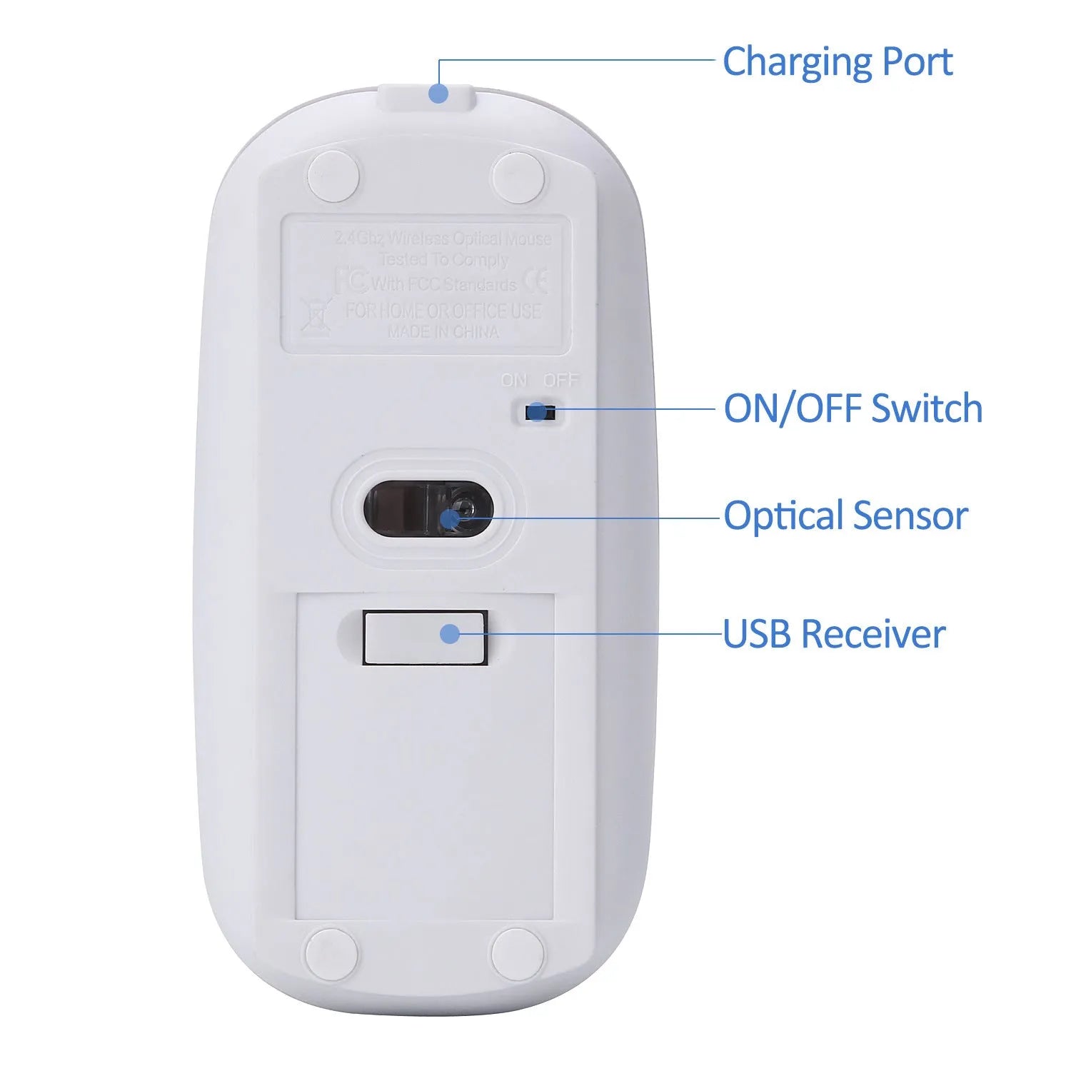 White wireless optical mouse with 2.4G connectivity, 4 keys, and rechargeable 450mAh battery on a desk