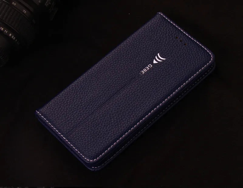 Black PU leather wallet phone case for iPhone with multiple card slots open.