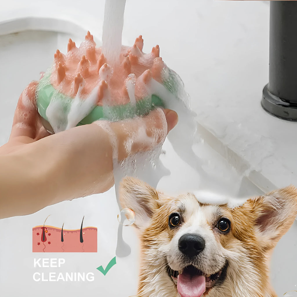 Blue pet grooming brush with integrated shampoo dispenser and silicone bristles for dogs and cats