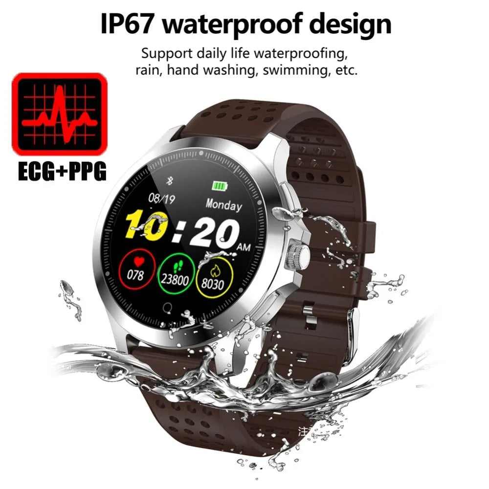 W8 ECG smart bracelet with stainless steel body and round colour screen showing cardiac monitoring data